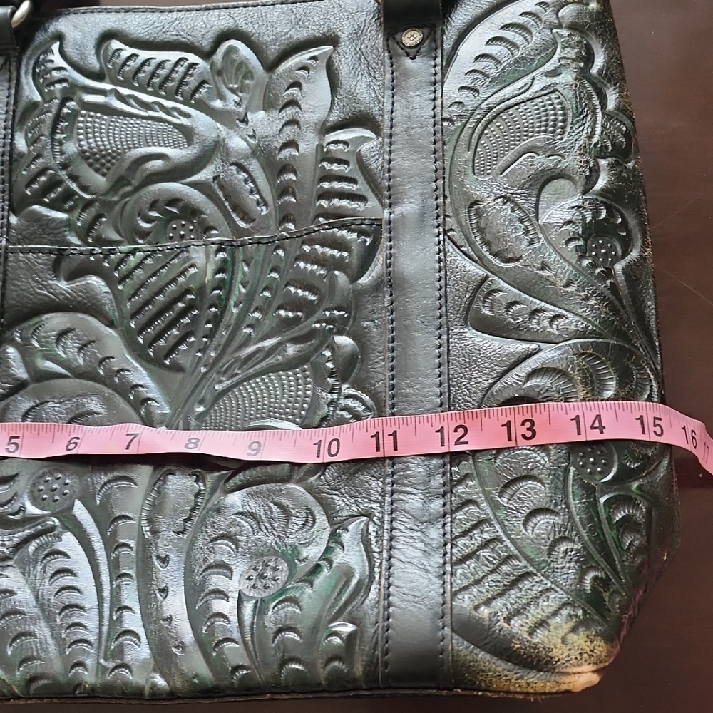 Patricia Nash Tooled Embossed Green Leather Tote Fringe Boho Bag - Picture 11 of 13